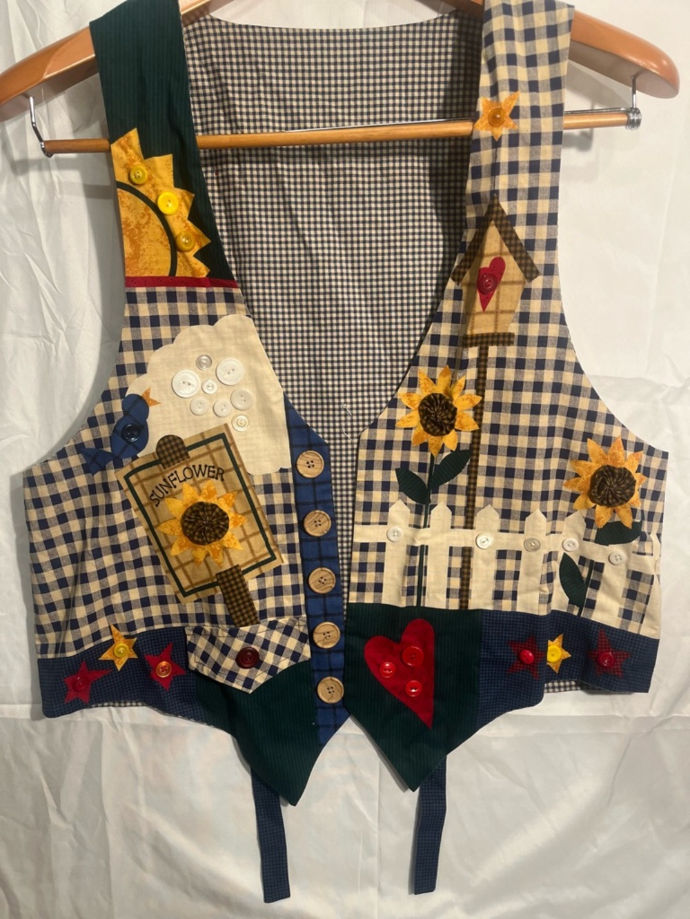 VTG Handmade blue Gingham Sunflowers Sz L Country Cottage  Novelty Shabby 80s